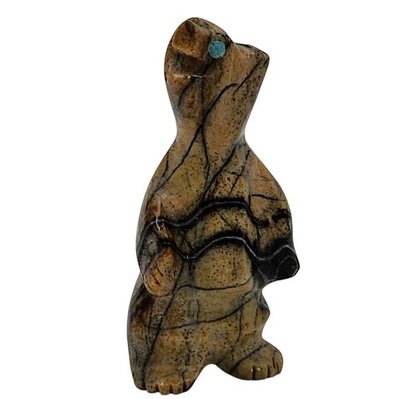 Native American Zuni Bear Fetish Picasso Marble Stone Turquoise Inlay Signed - Picture 1 of 16